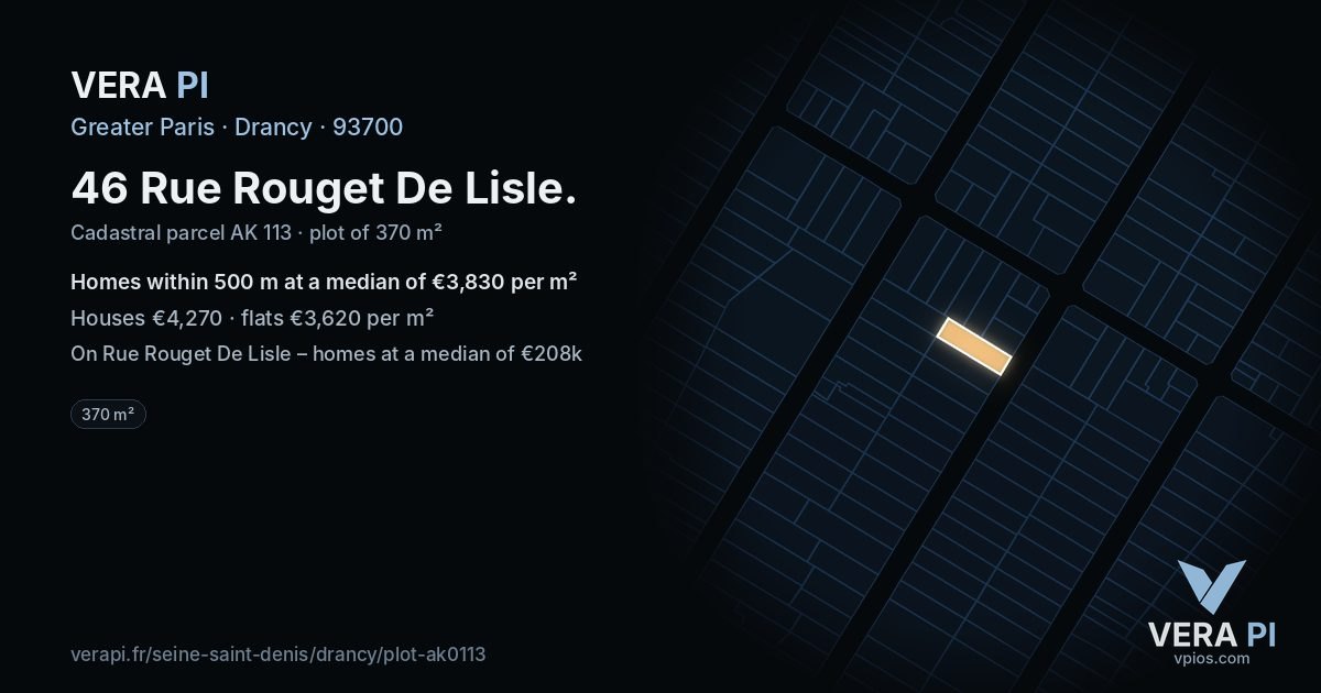 46 Rue Rouget De Lisle, Drancy at night – the plot lit, the parcels around coloured by the prices near them