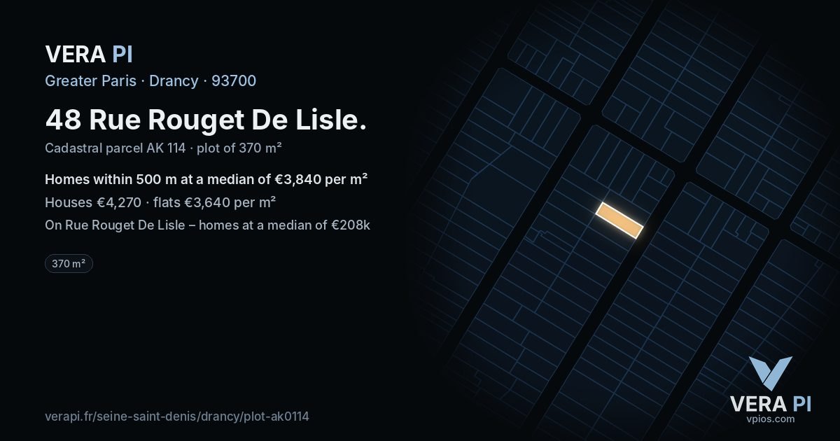 48 Rue Rouget De Lisle, Drancy at night – the plot lit, the parcels around coloured by the prices near them