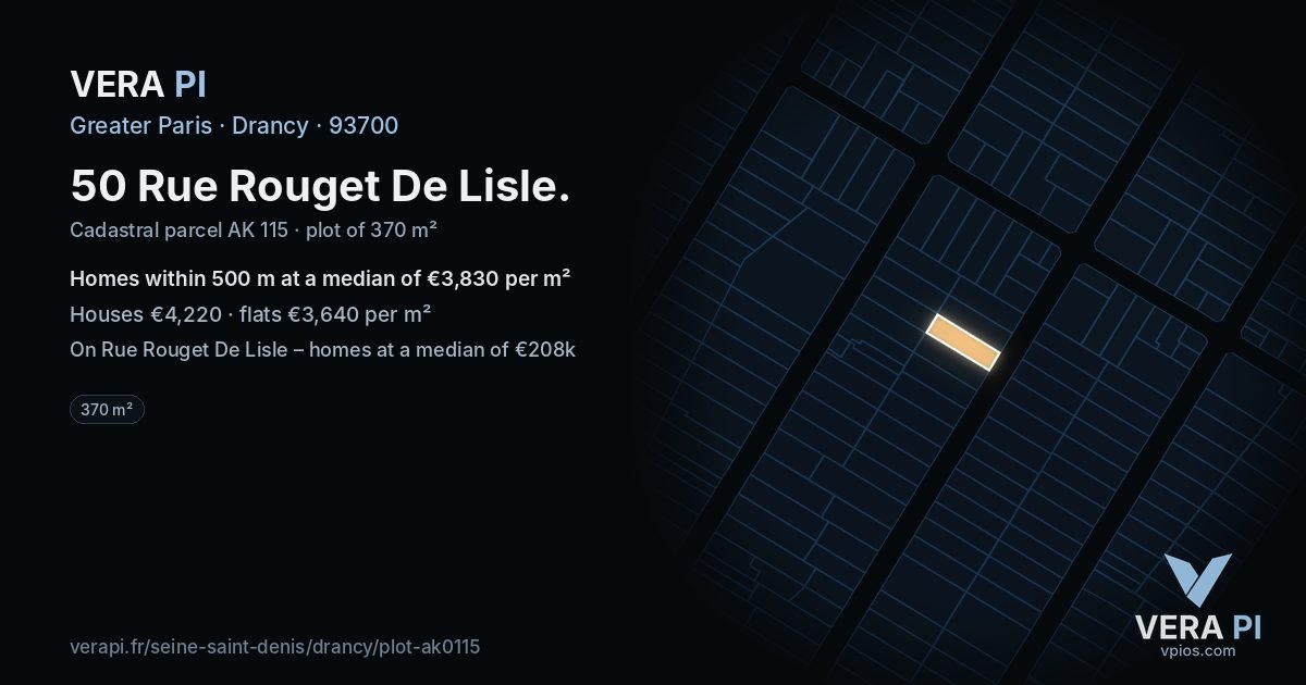 50 Rue Rouget De Lisle, Drancy at night – the plot lit, the parcels around coloured by the prices near them