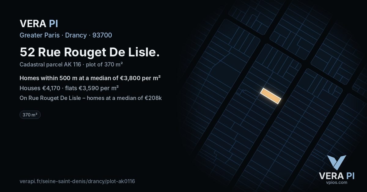 52 Rue Rouget De Lisle, Drancy at night – the plot lit, the parcels around coloured by the prices near them