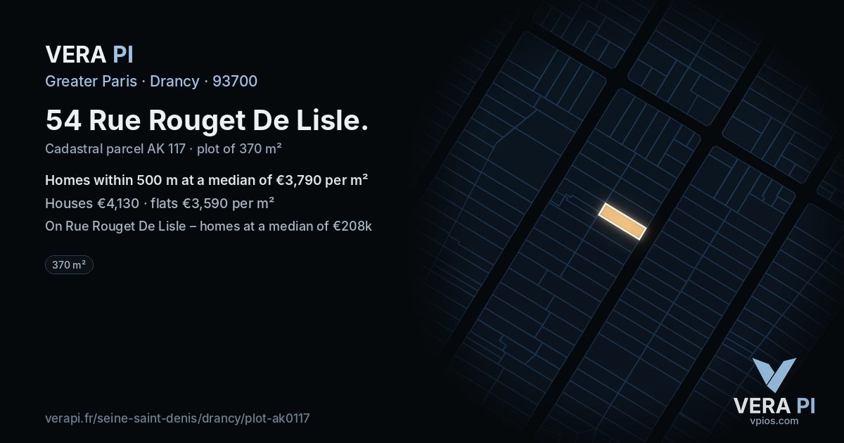 54 Rue Rouget De Lisle, Drancy at night – the plot lit, the parcels around coloured by the prices near them