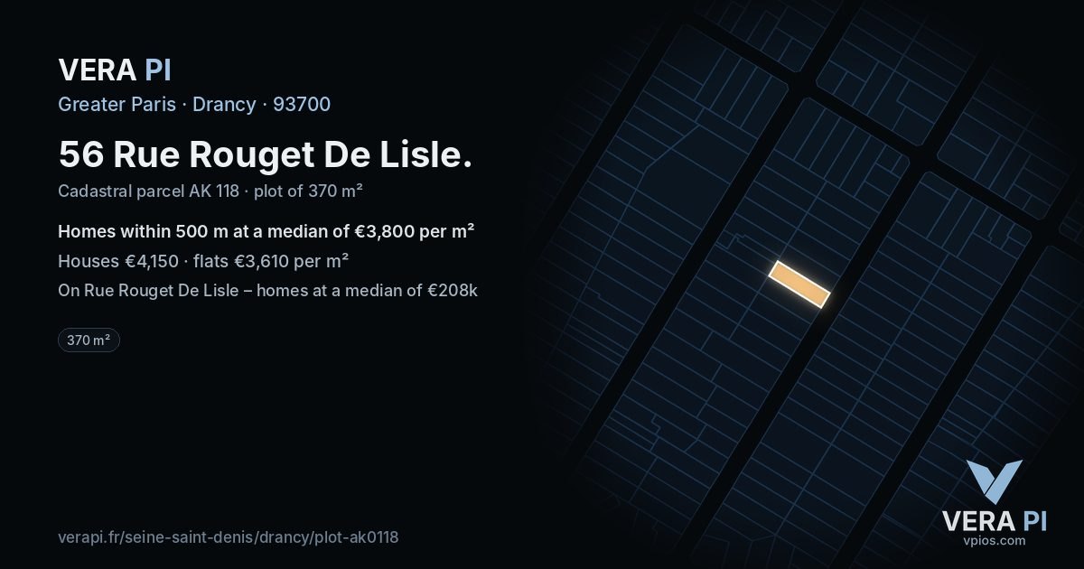 56 Rue Rouget De Lisle, Drancy at night – the plot lit, the parcels around coloured by the prices near them