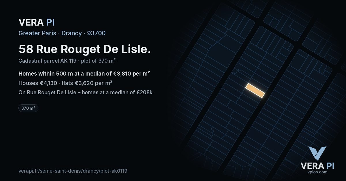 58 Rue Rouget De Lisle, Drancy at night – the plot lit, the parcels around coloured by the prices near them