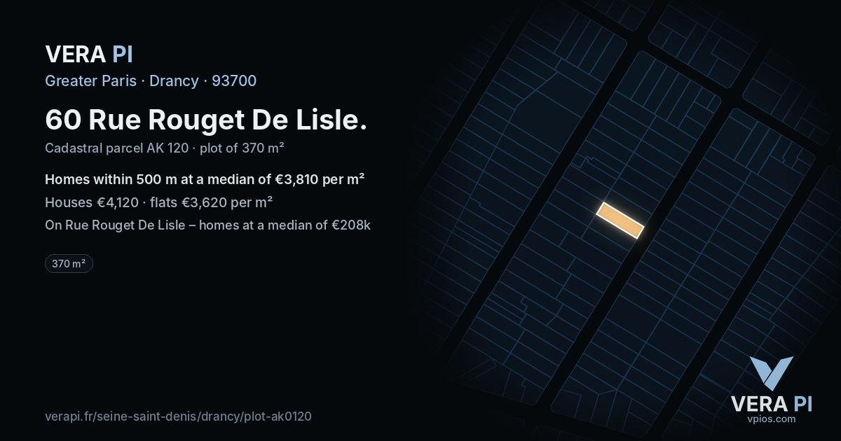 60 Rue Rouget De Lisle, Drancy at night – the plot lit, the parcels around coloured by the prices near them