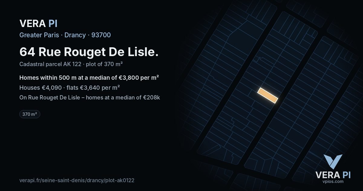 64 Rue Rouget De Lisle, Drancy at night – the plot lit, the parcels around coloured by the prices near them