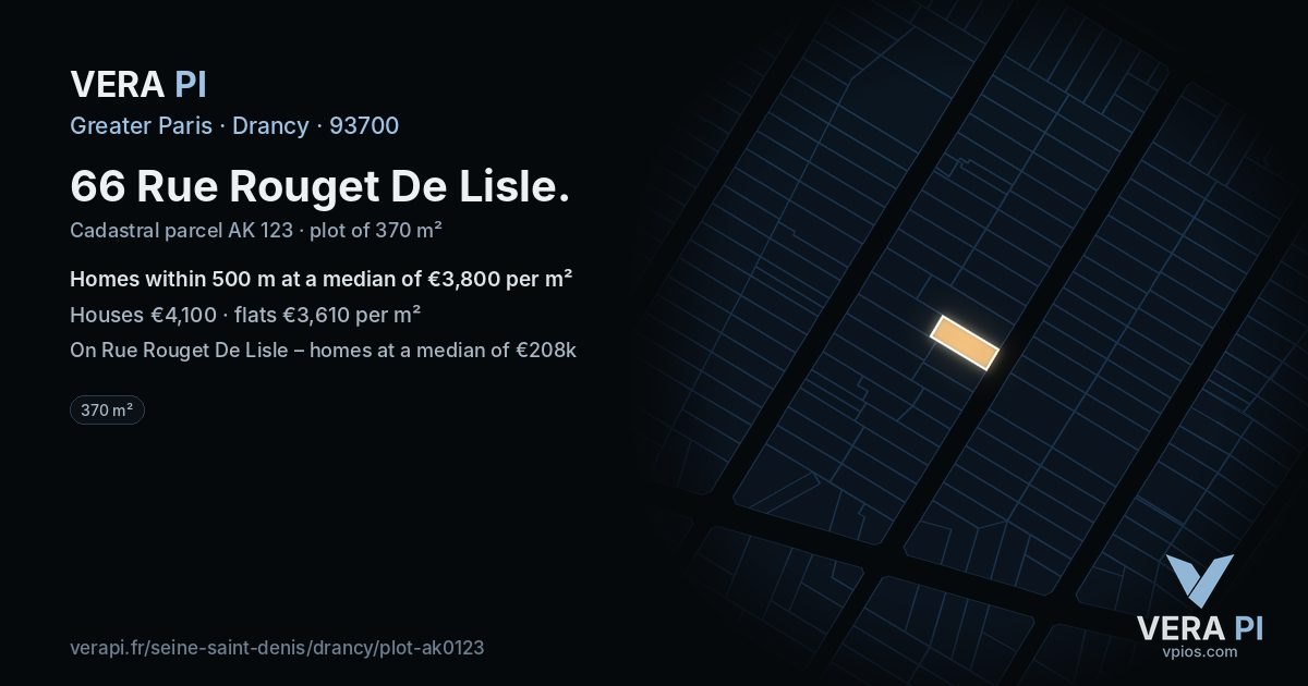 66 Rue Rouget De Lisle, Drancy at night – the plot lit, the parcels around coloured by the prices near them