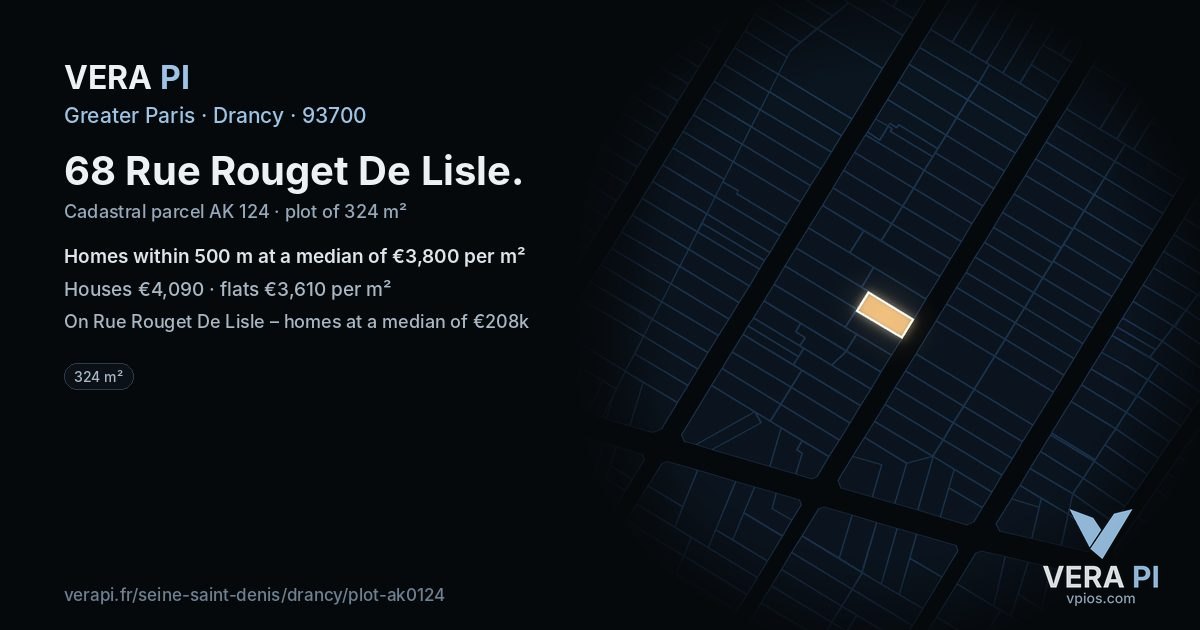 68 Rue Rouget De Lisle, Drancy at night – the plot lit, the parcels around coloured by the prices near them