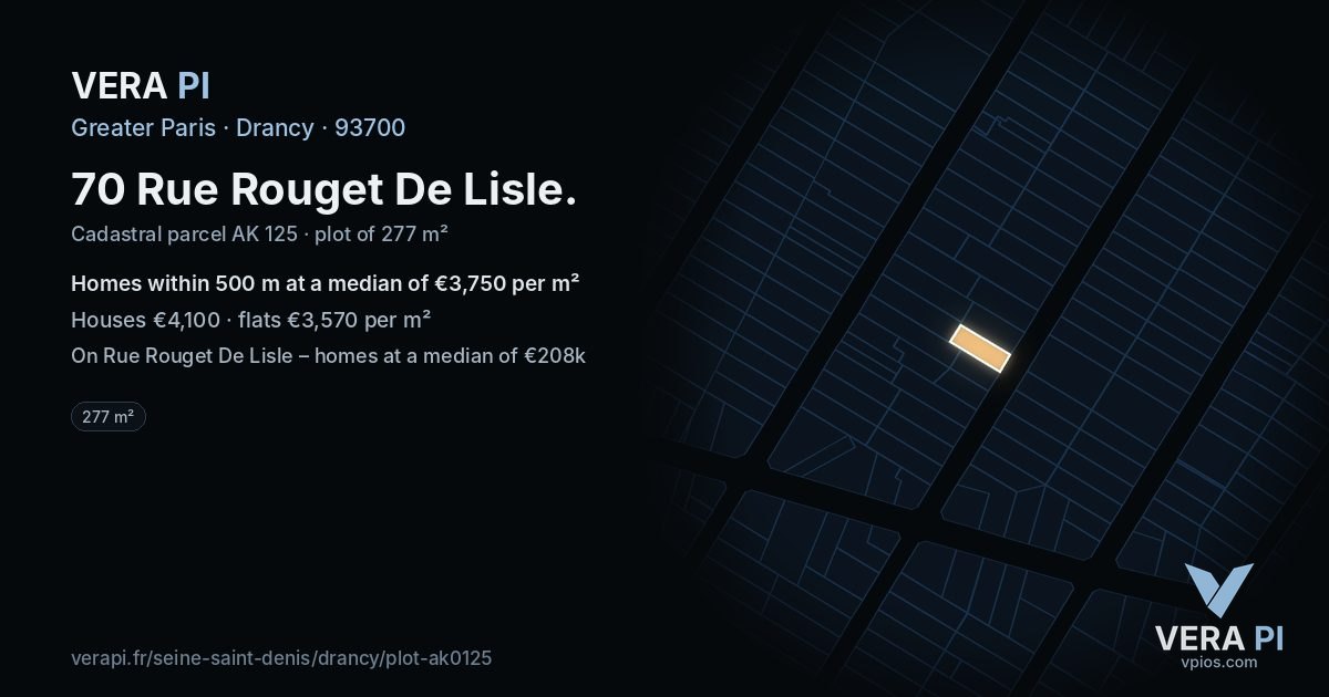 70 Rue Rouget De Lisle, Drancy at night – the plot lit, the parcels around coloured by the prices near them