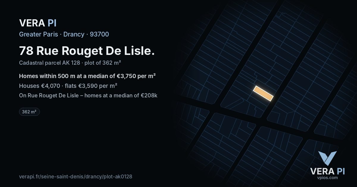 78 Rue Rouget De Lisle, Drancy at night – the plot lit, the parcels around coloured by the prices near them
