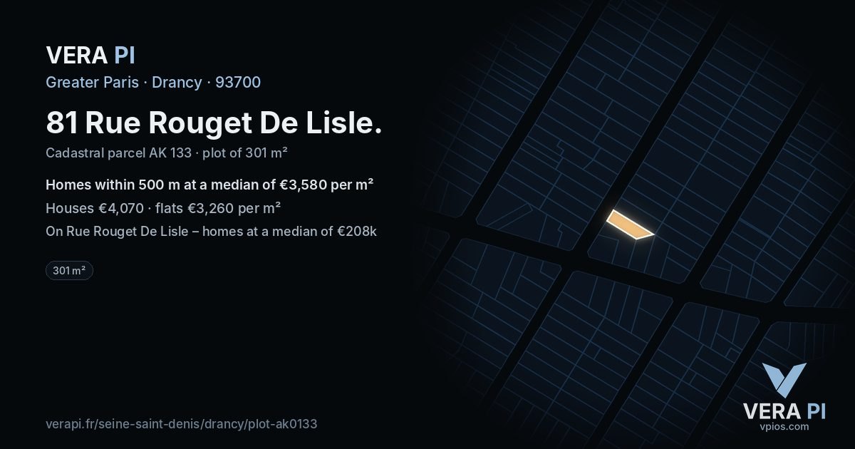 81 Rue Rouget De Lisle, Drancy at night – the plot lit, the parcels around coloured by the prices near them