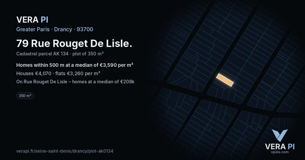 79 Rue Rouget De Lisle, Drancy at night – the plot lit, the parcels around coloured by the prices near them