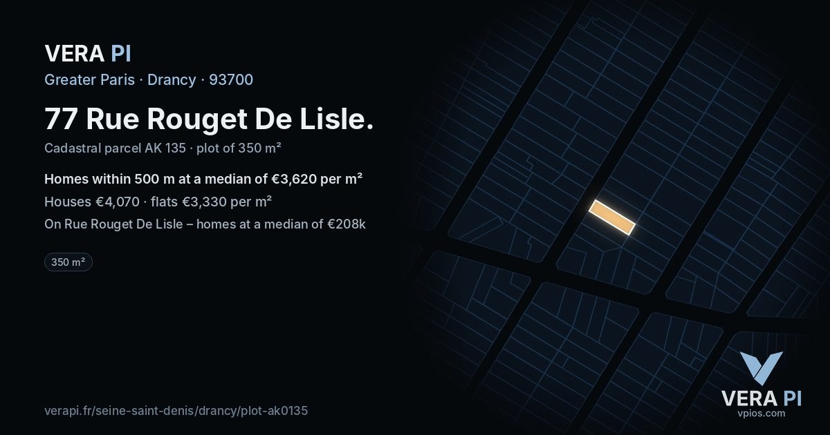 77 Rue Rouget De Lisle, Drancy at night – the plot lit, the parcels around coloured by the prices near them