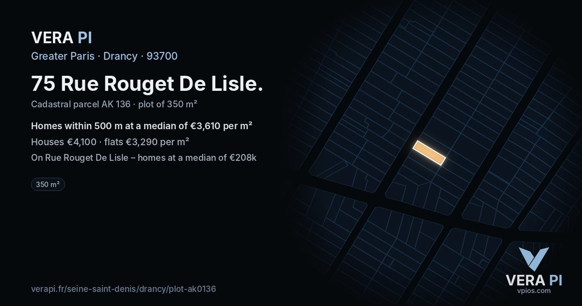 75 Rue Rouget De Lisle, Drancy at night – the plot lit, the parcels around coloured by the prices near them