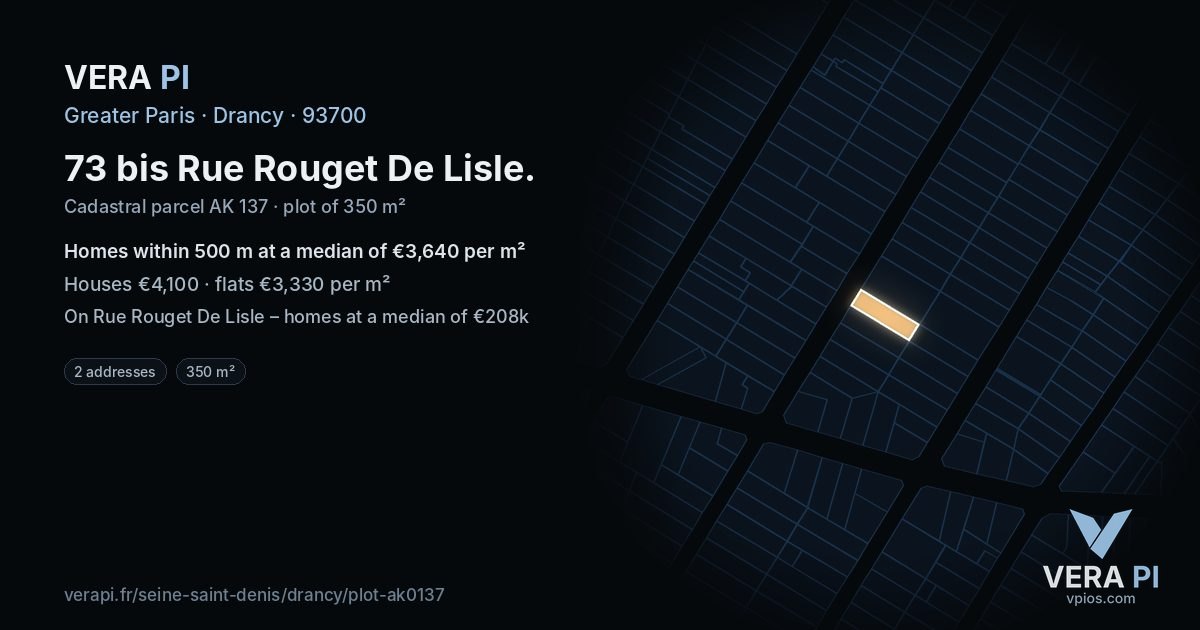 73 bis Rue Rouget De Lisle, Drancy at night – the plot lit, the parcels around coloured by the prices near them