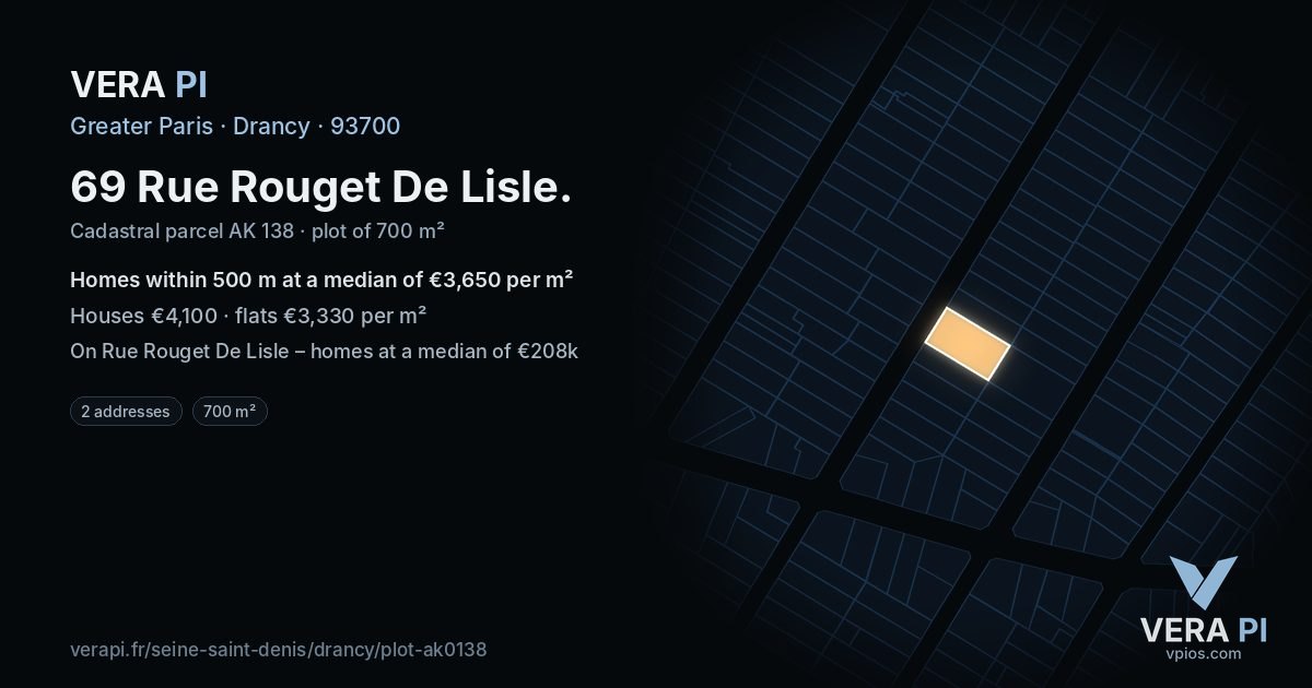 69 Rue Rouget De Lisle, Drancy at night – the plot lit, the parcels around coloured by the prices near them