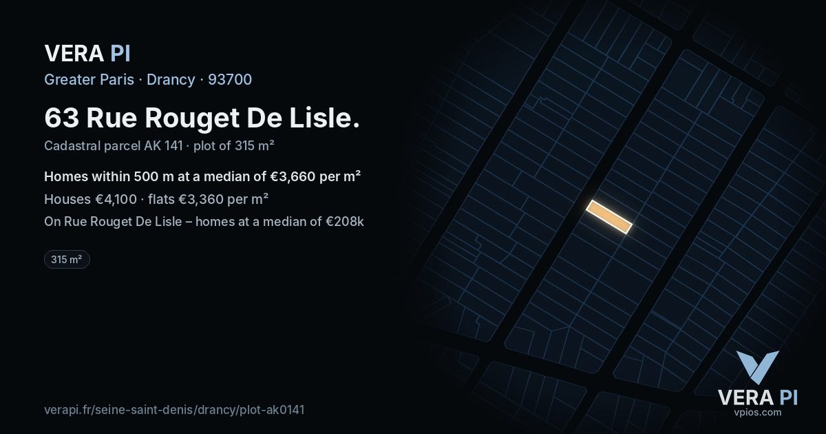 63 Rue Rouget De Lisle, Drancy at night – the plot lit, the parcels around coloured by the prices near them