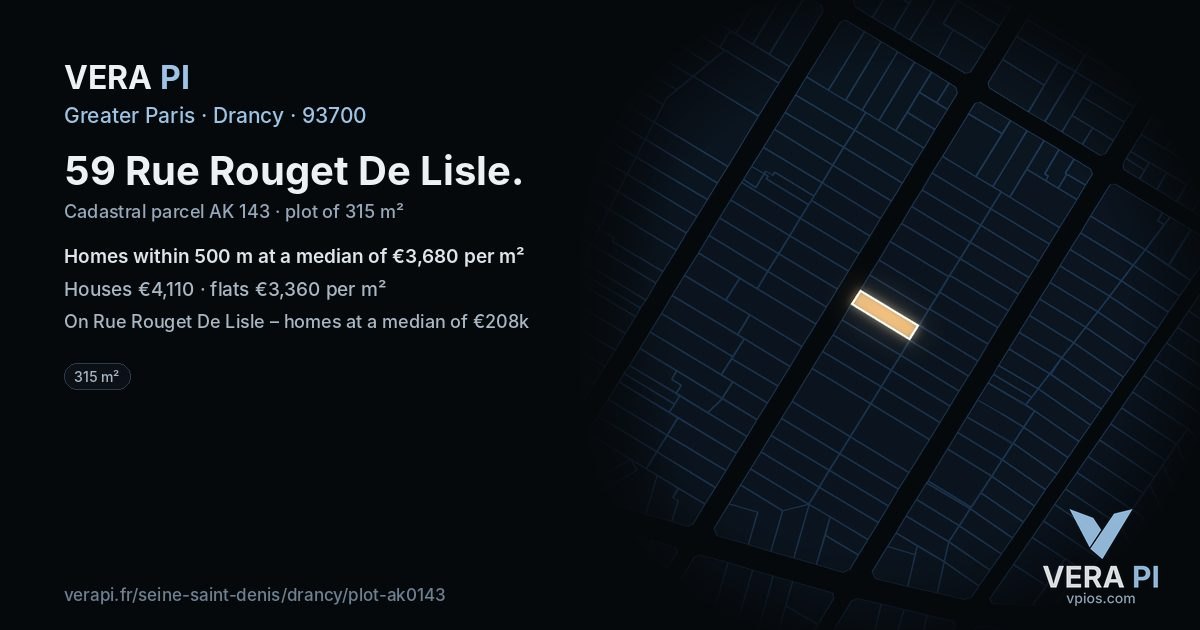 59 Rue Rouget De Lisle, Drancy at night – the plot lit, the parcels around coloured by the prices near them