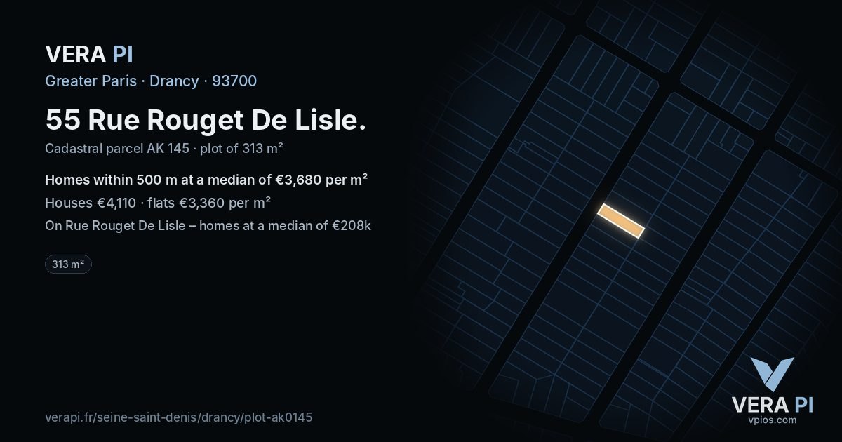 55 Rue Rouget De Lisle, Drancy at night – the plot lit, the parcels around coloured by the prices near them