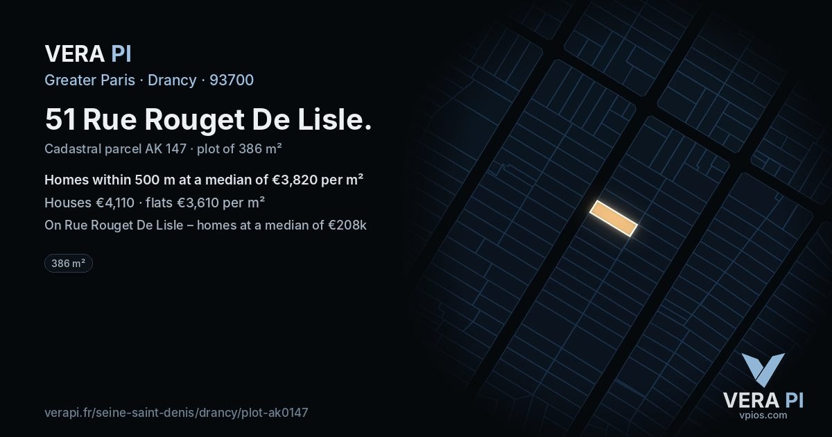 51 Rue Rouget De Lisle, Drancy at night – the plot lit, the parcels around coloured by the prices near them