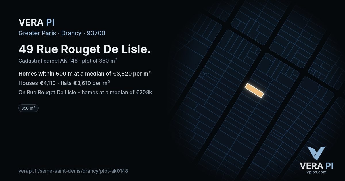 49 Rue Rouget De Lisle, Drancy at night – the plot lit, the parcels around coloured by the prices near them
