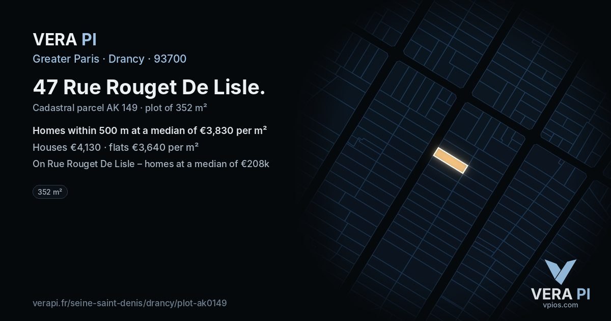 47 Rue Rouget De Lisle, Drancy at night – the plot lit, the parcels around coloured by the prices near them