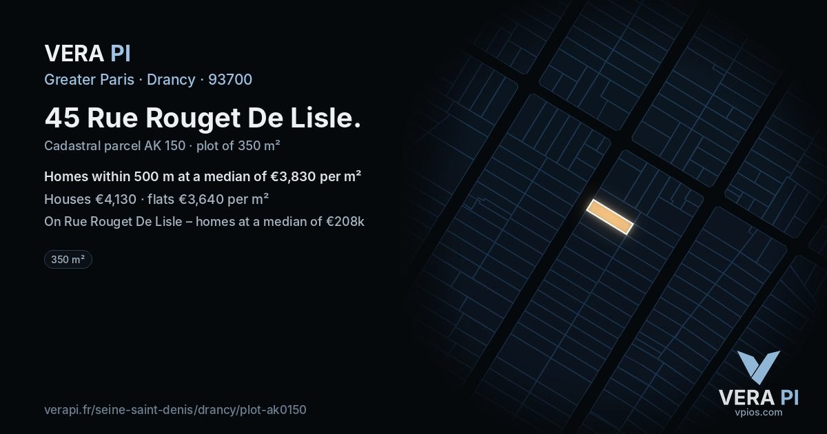 45 Rue Rouget De Lisle, Drancy at night – the plot lit, the parcels around coloured by the prices near them