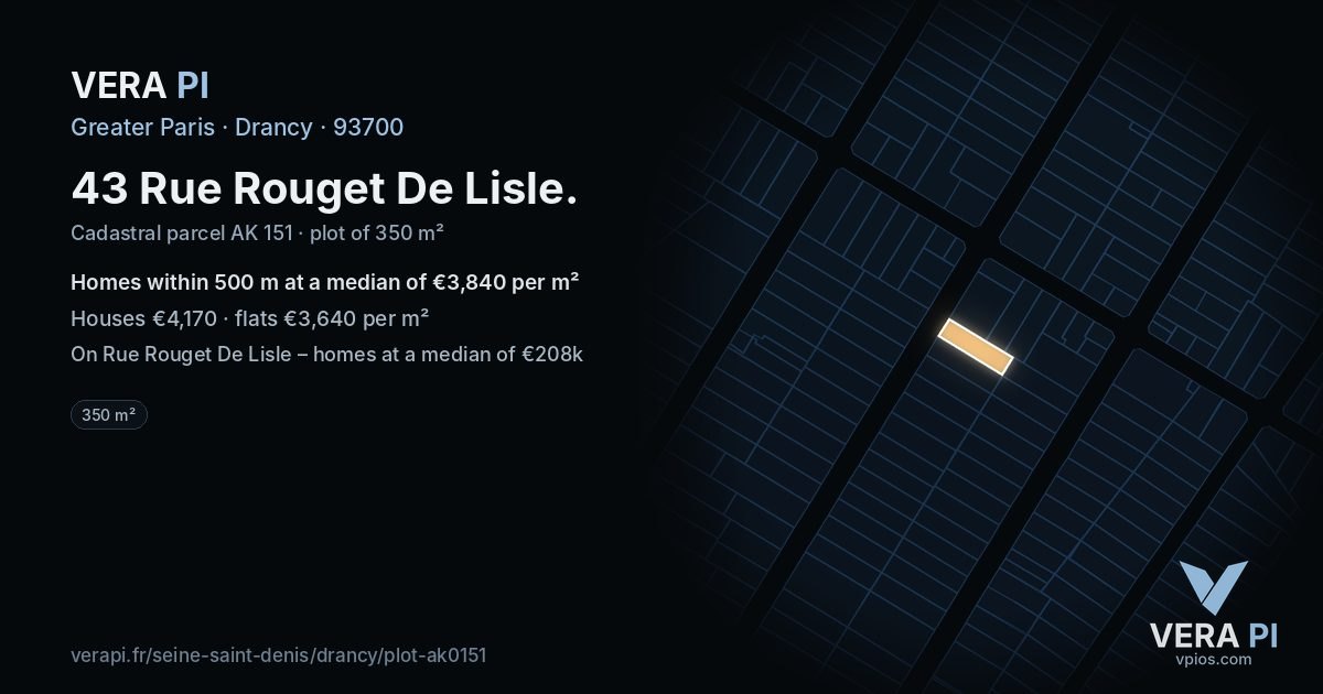 43 Rue Rouget De Lisle, Drancy at night – the plot lit, the parcels around coloured by the prices near them