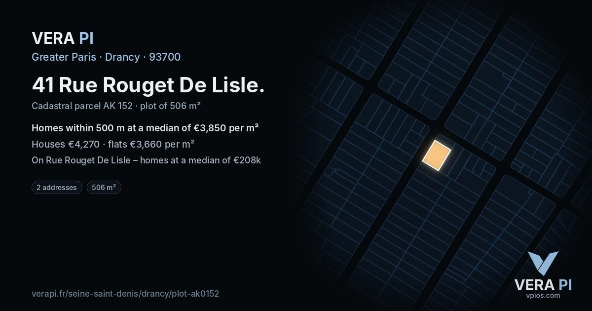 41 Rue Rouget De Lisle, Drancy at night – the plot lit, the parcels around coloured by the prices near them