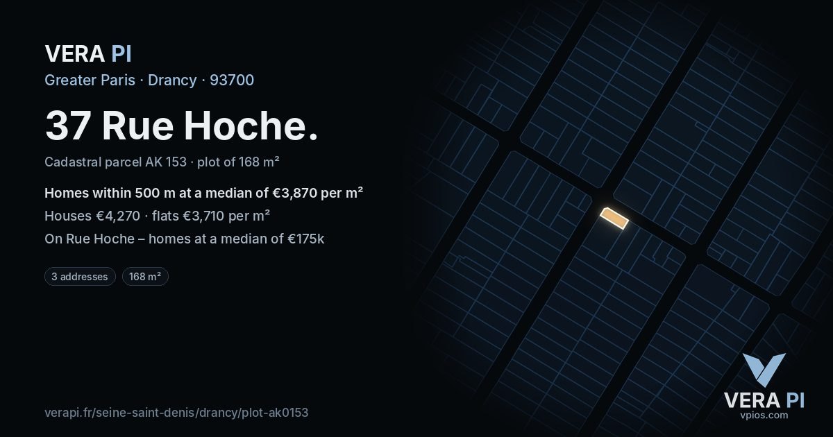 37 Rue Hoche, Drancy at night – the plot lit, the parcels around coloured by the prices near them