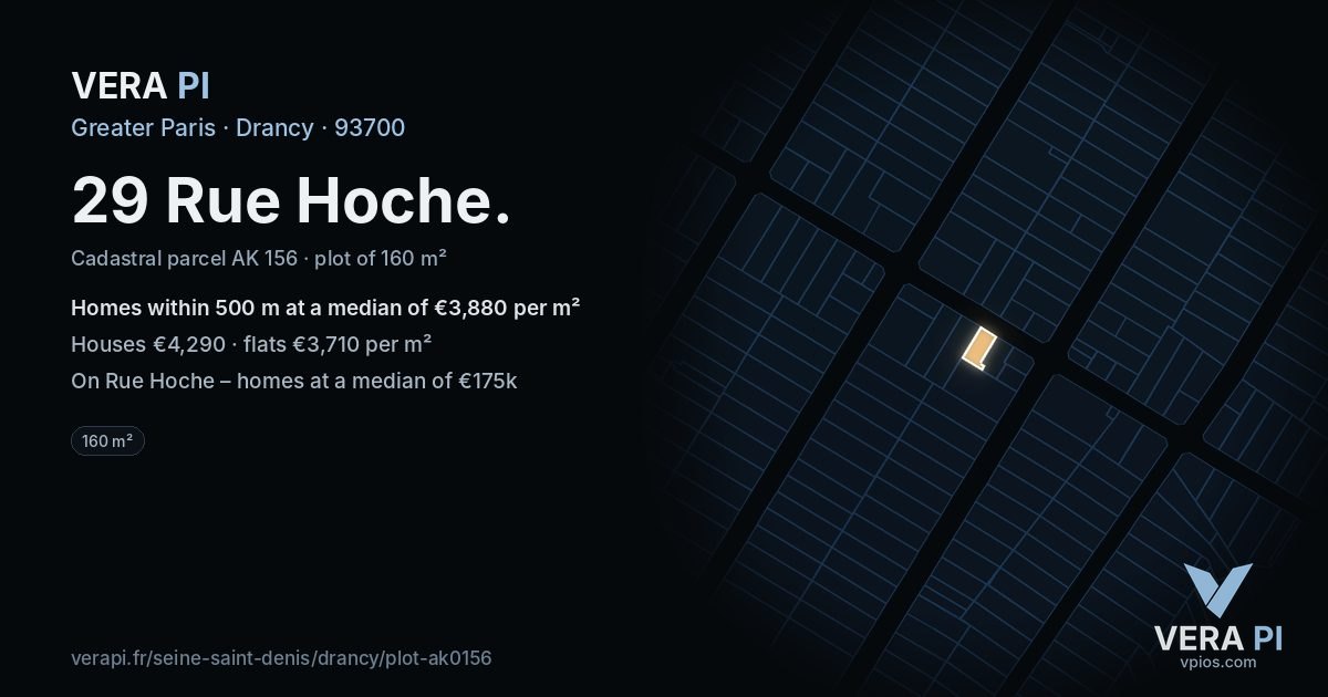 29 Rue Hoche, Drancy at night – the plot lit, the parcels around coloured by the prices near them