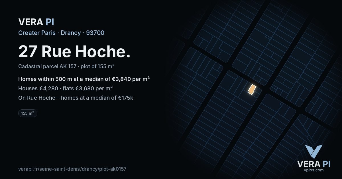 27 Rue Hoche, Drancy at night – the plot lit, the parcels around coloured by the prices near them