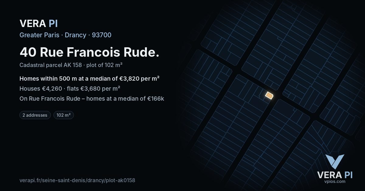 40 Rue Francois Rude, Drancy at night – the plot lit, the parcels around coloured by the prices near them