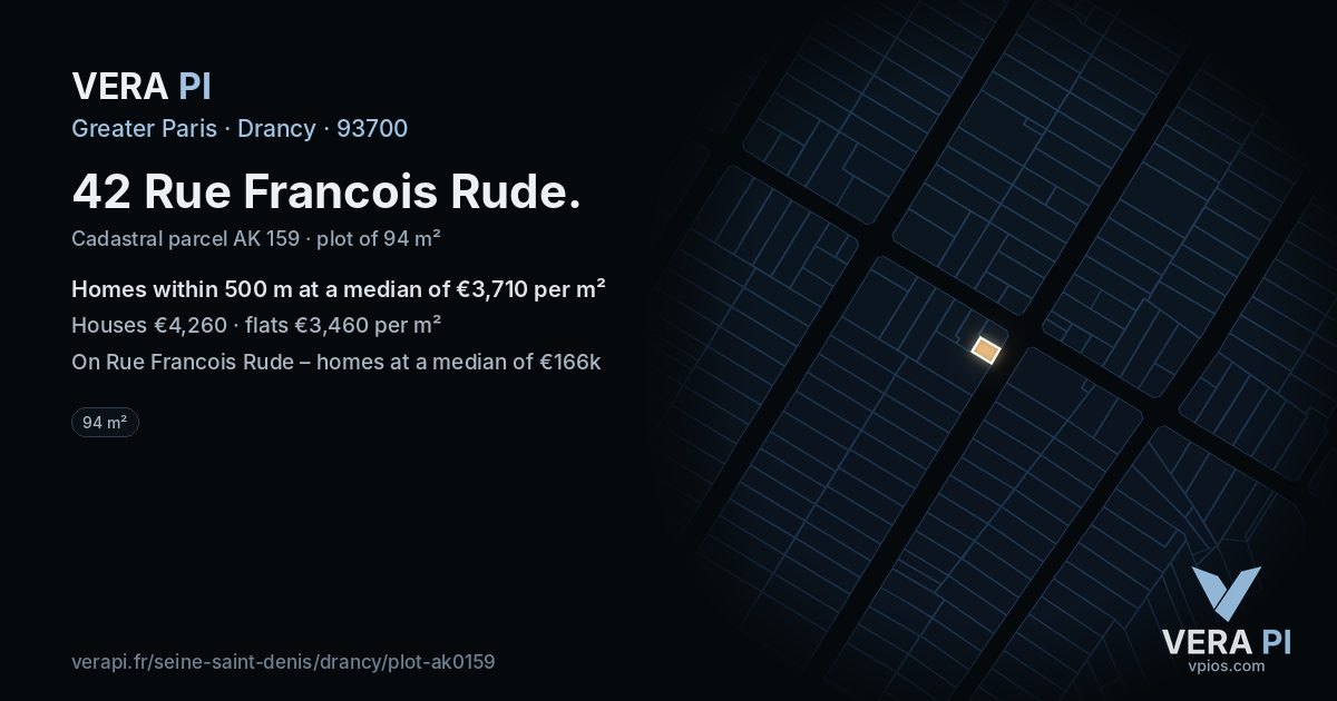 42 Rue Francois Rude, Drancy at night – the plot lit, the parcels around coloured by the prices near them