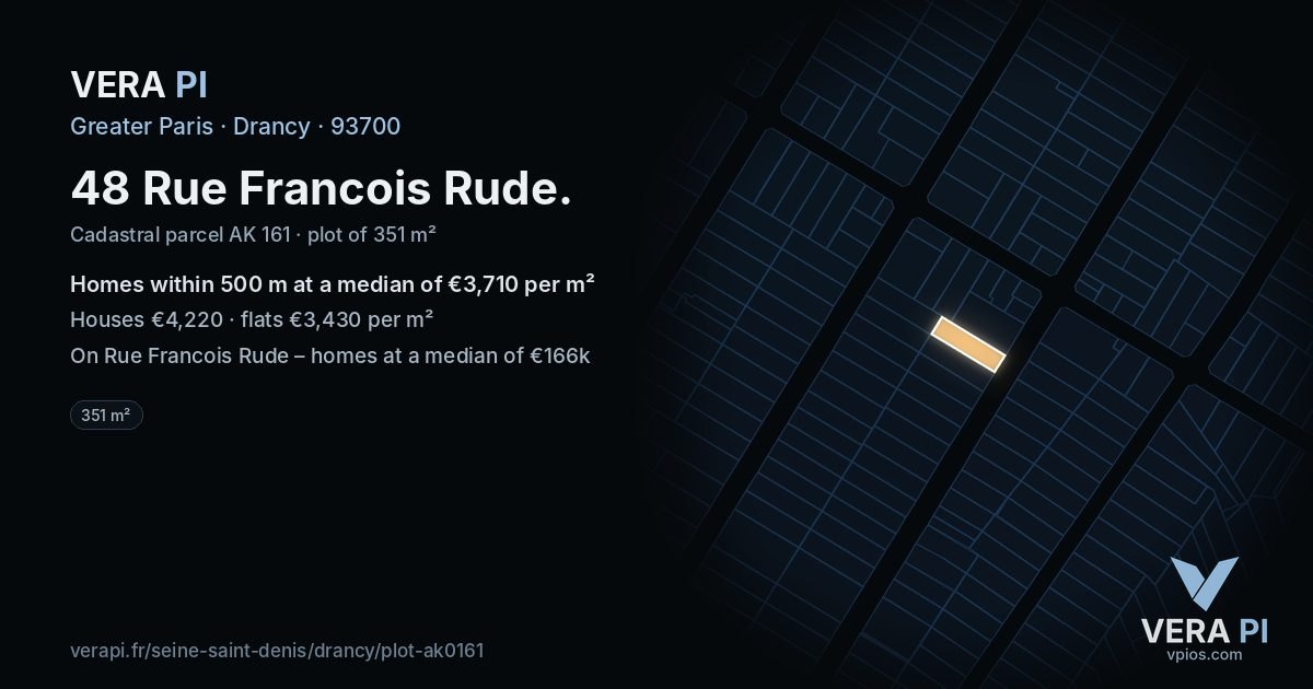 48 Rue Francois Rude, Drancy at night – the plot lit, the parcels around coloured by the prices near them