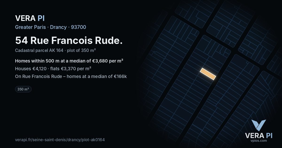 54 Rue Francois Rude, Drancy at night – the plot lit, the parcels around coloured by the prices near them