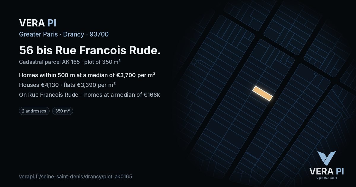 56 bis Rue Francois Rude, Drancy at night – the plot lit, the parcels around coloured by the prices near them