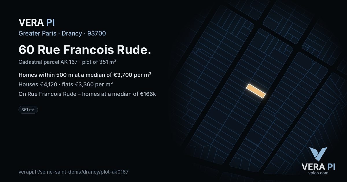 60 Rue Francois Rude, Drancy at night – the plot lit, the parcels around coloured by the prices near them