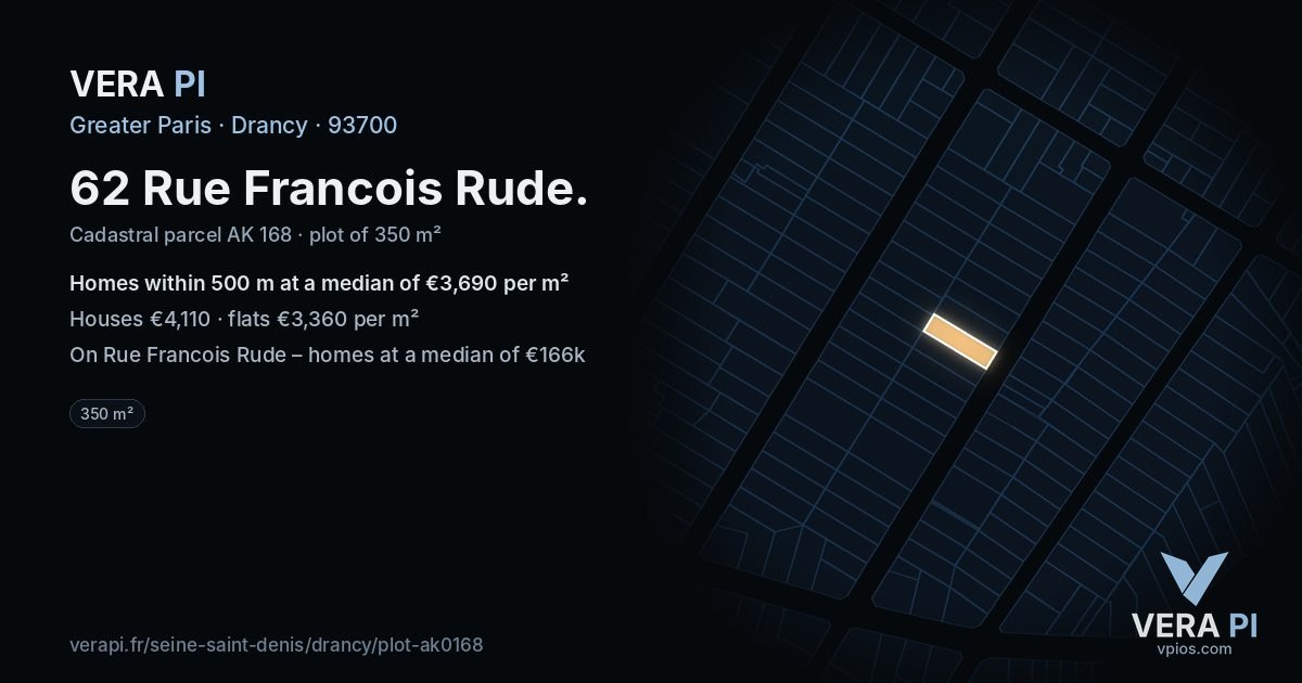 62 Rue Francois Rude, Drancy at night – the plot lit, the parcels around coloured by the prices near them