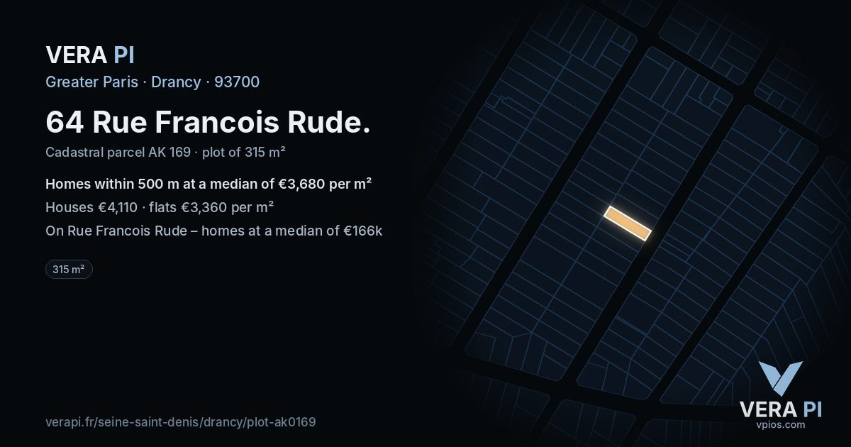 64 Rue Francois Rude, Drancy at night – the plot lit, the parcels around coloured by the prices near them