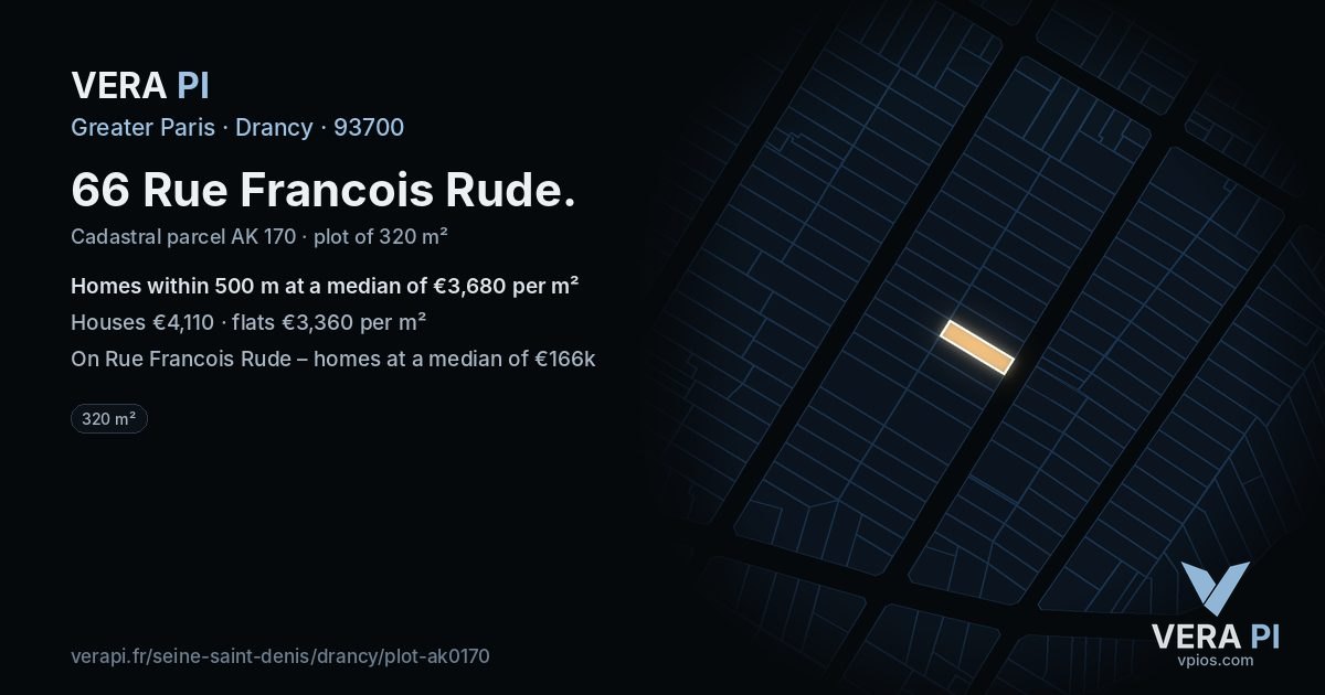 66 Rue Francois Rude, Drancy at night – the plot lit, the parcels around coloured by the prices near them
