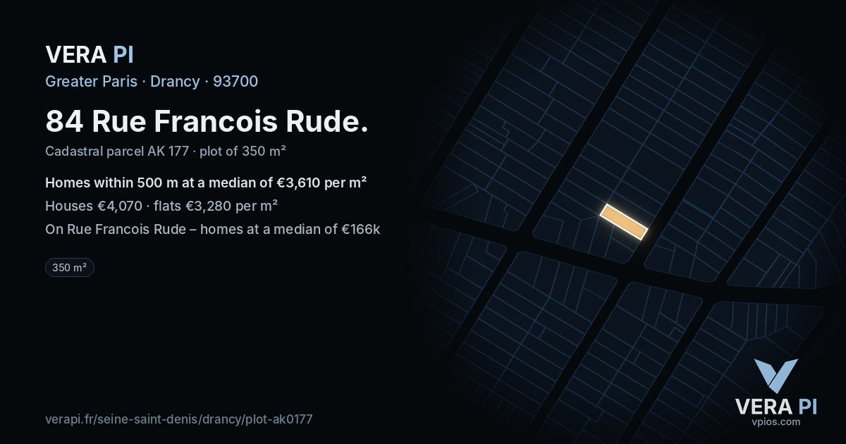 84 Rue Francois Rude, Drancy at night – the plot lit, the parcels around coloured by the prices near them