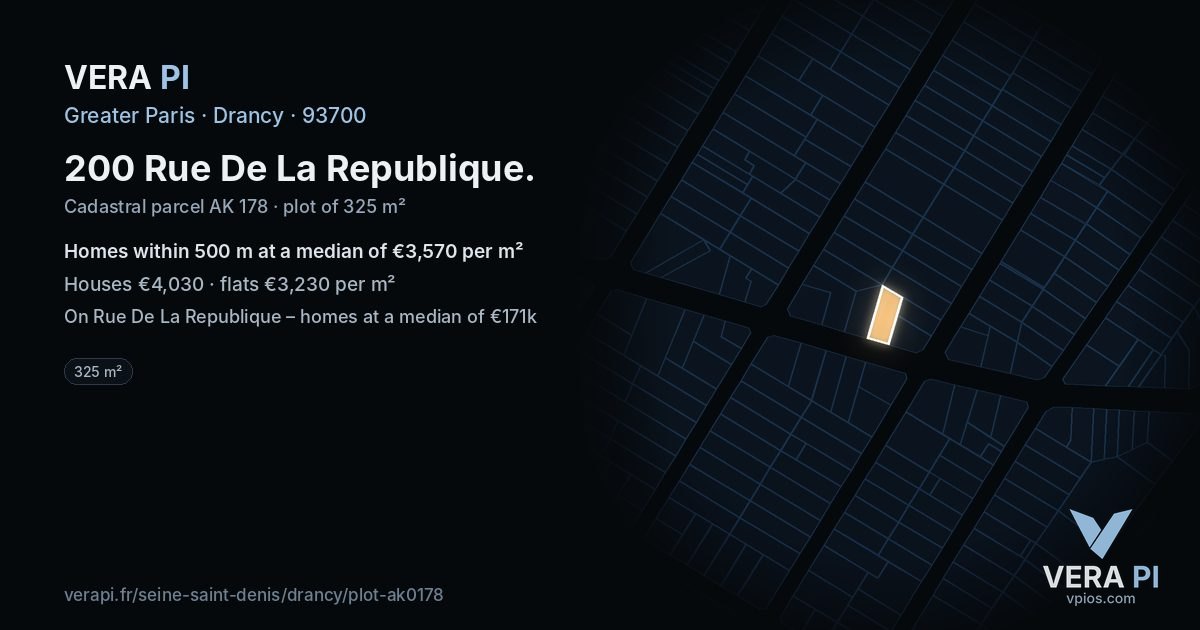 200 Rue De La Republique, Drancy at night – the plot lit, the parcels around coloured by the prices near them