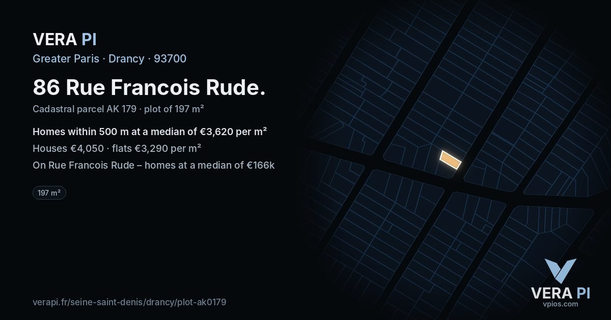 86 Rue Francois Rude, Drancy at night – the plot lit, the parcels around coloured by the prices near them
