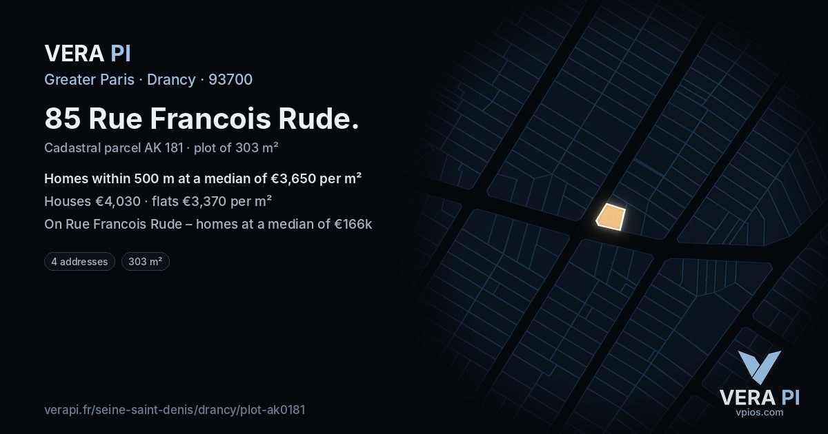 85 Rue Francois Rude, Drancy at night – the plot lit, the parcels around coloured by the prices near them