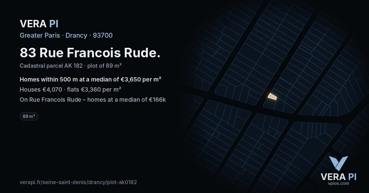 83 Rue Francois Rude, Drancy at night – the plot lit, the parcels around coloured by the prices near them