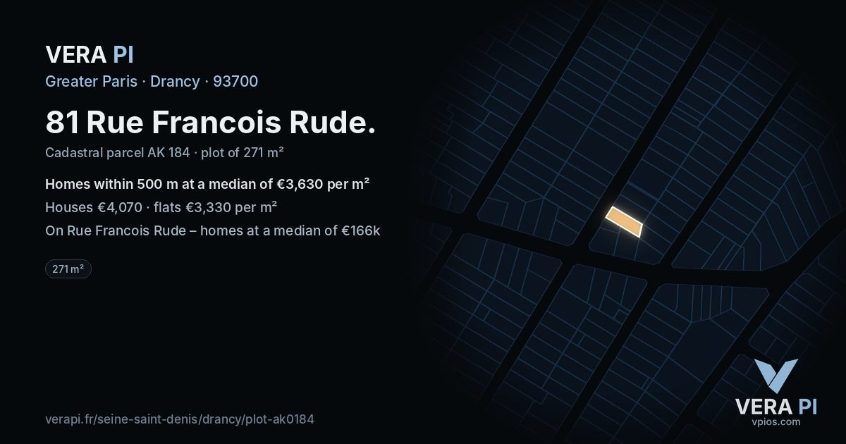 81 Rue Francois Rude, Drancy at night – the plot lit, the parcels around coloured by the prices near them