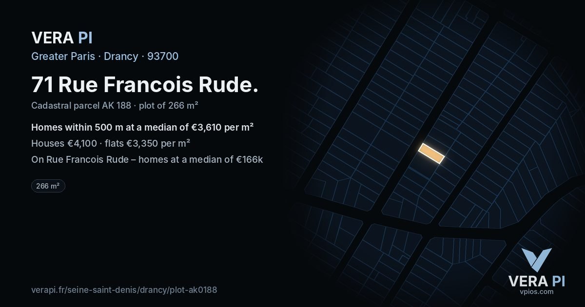 71 Rue Francois Rude, Drancy at night – the plot lit, the parcels around coloured by the prices near them
