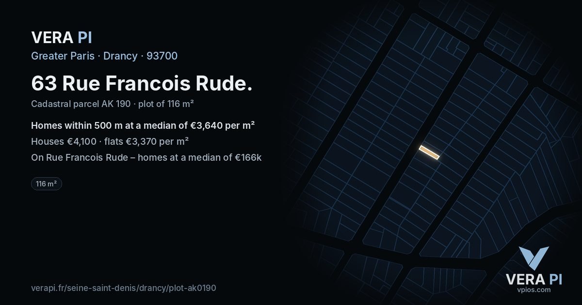 63 Rue Francois Rude, Drancy at night – the plot lit, the parcels around coloured by the prices near them