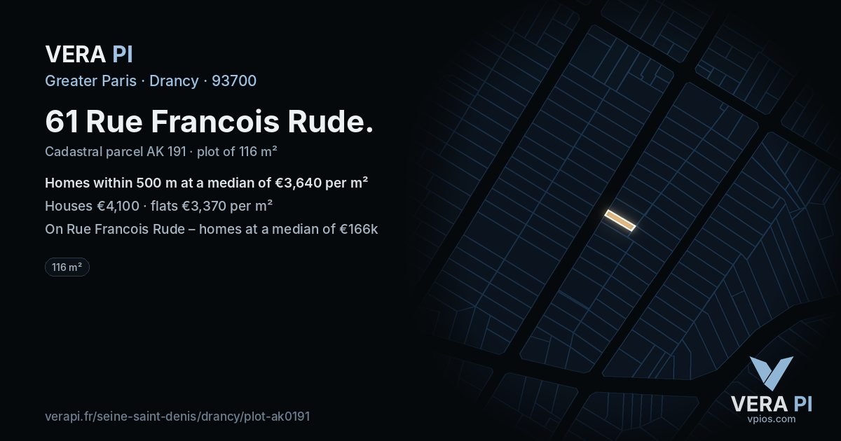 61 Rue Francois Rude, Drancy at night – the plot lit, the parcels around coloured by the prices near them