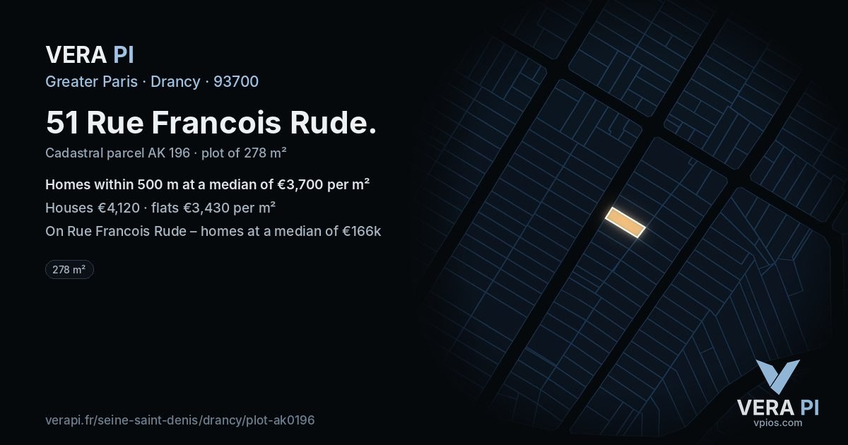 51 Rue Francois Rude, Drancy at night – the plot lit, the parcels around coloured by the prices near them